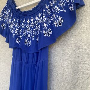 Soma Blue Off Shoulder Dress S Embroidered Boho Peasant Flutter Sleeve Resort